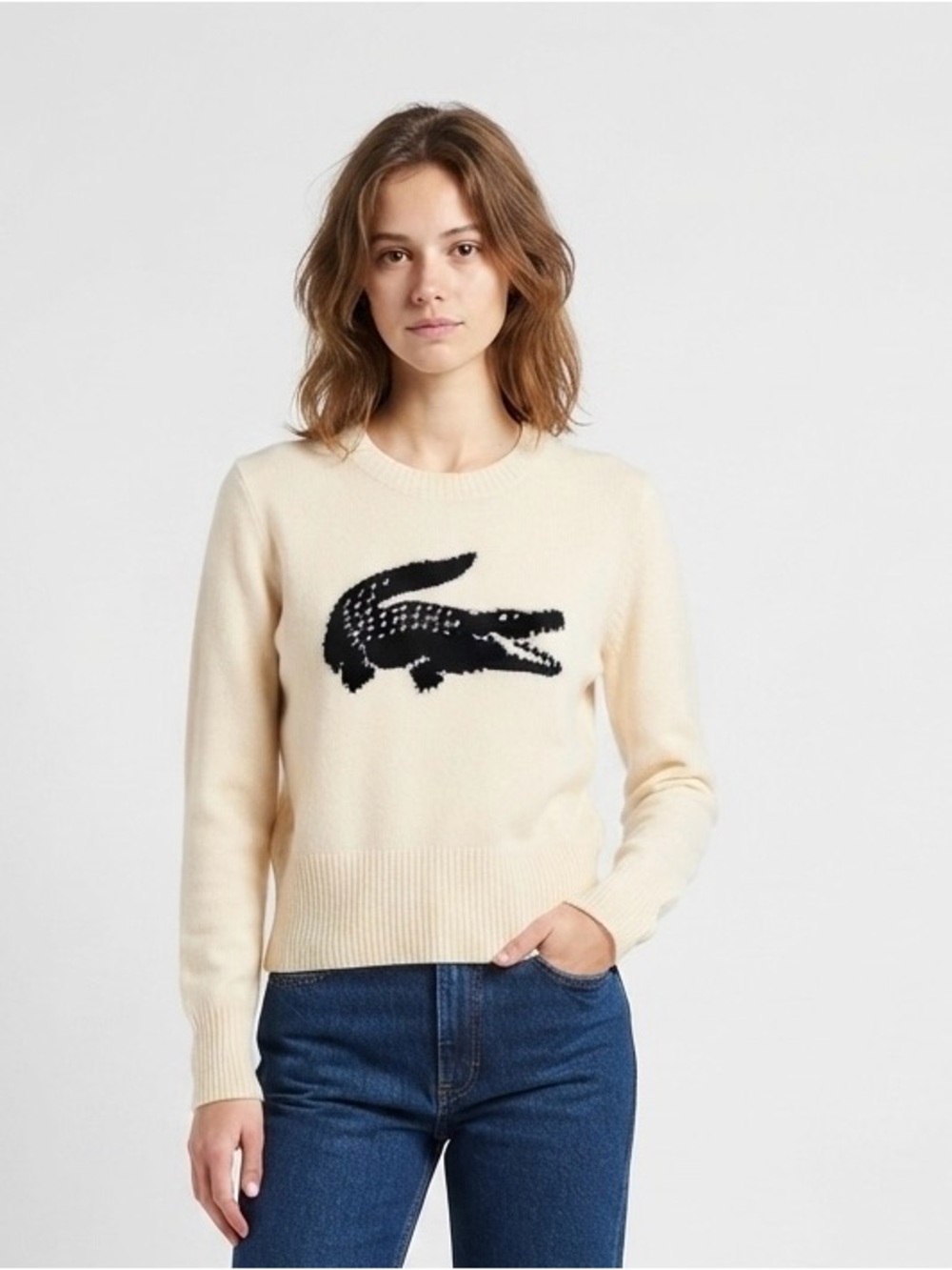 Lacoste Cream Crewneck Sweater with Black Crocodile Motif